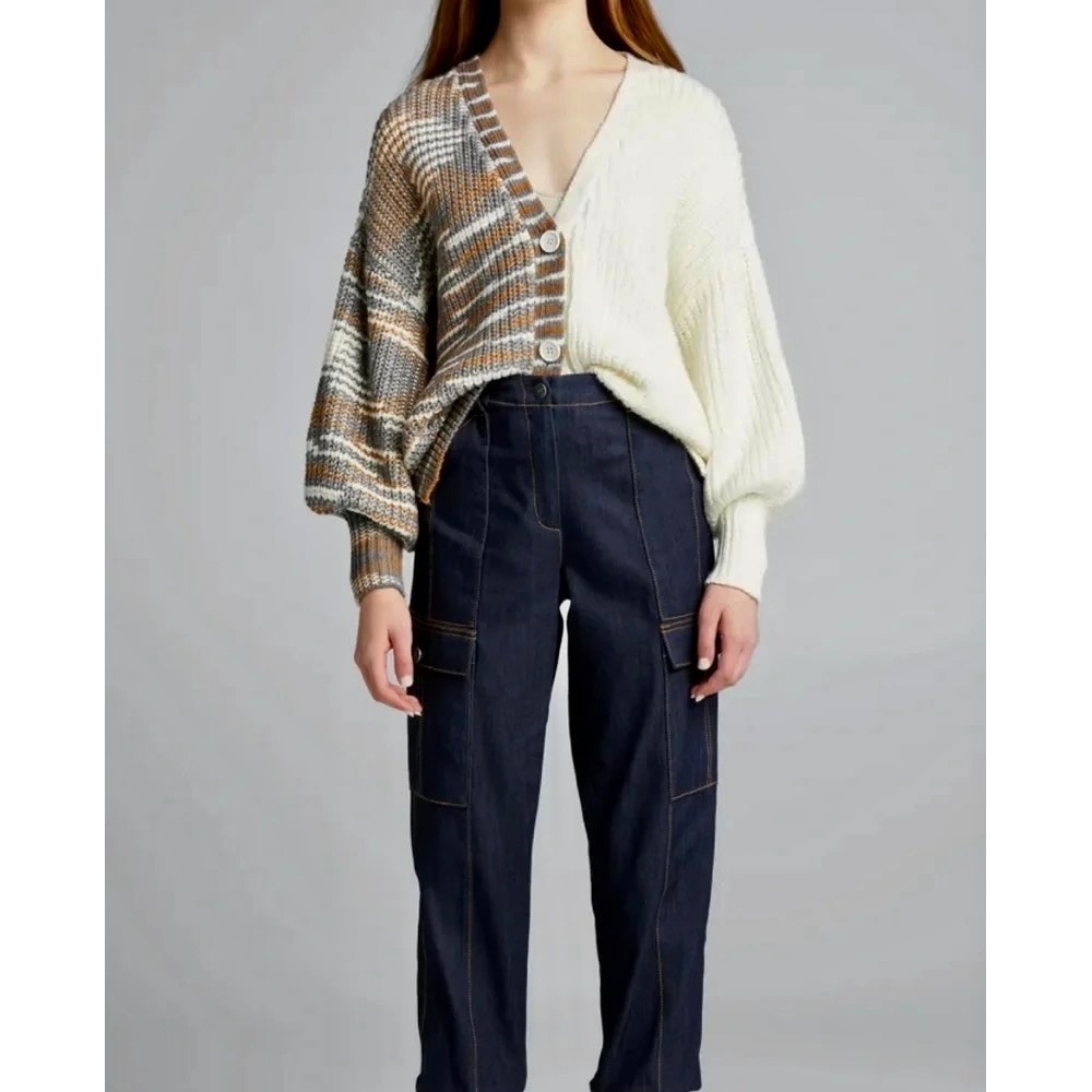 CINQ A SEPT Anabella Chunky Knit Cardigan Sweater Colorblock Space Dye Small